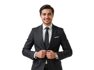 Confident entrepreneur in tailored suit with gentle smile against isolated transparent layer