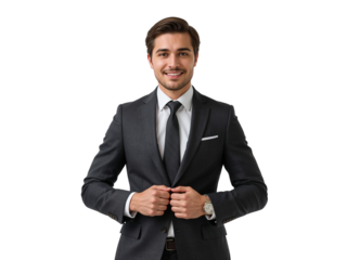 Confident entrepreneur in tailored suit with gentle smile against isolated transparent layer