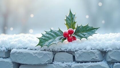 Holly Berry on Snowy Brick Wall Winter Decoration
