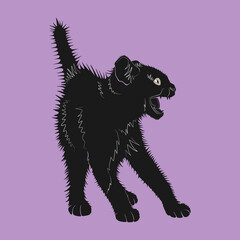 Angry Black Cat Screaming with Arched Back – Halloween Scary Vector Illustration on Purple Background