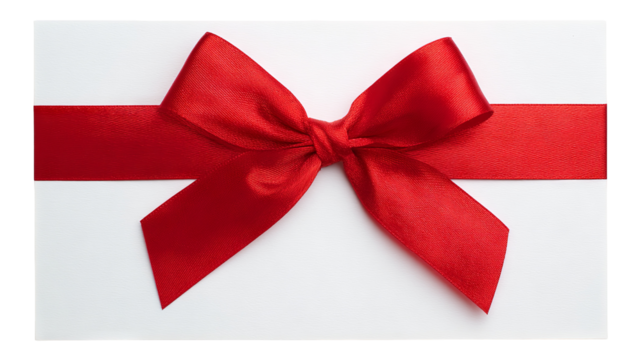 Gift greeting card with bright red ribbon bow — blank invitation mockup, isolated high-resolution PNG on transparent background for holiday, birthday, wedding, Valentine’s Day, anniversary 