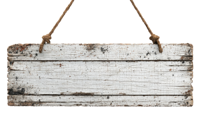 A weathered, white wooden sign hangs from two ropes