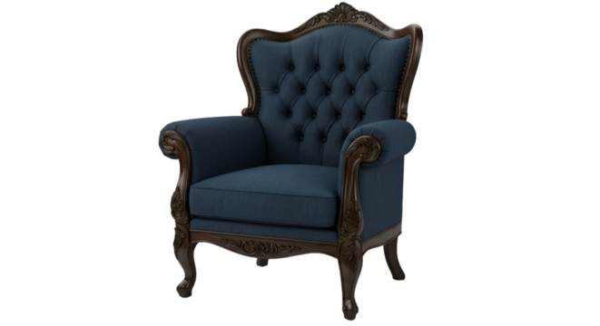 Isolated Antique Blue Chair With Detailed Wood Trim Illustration