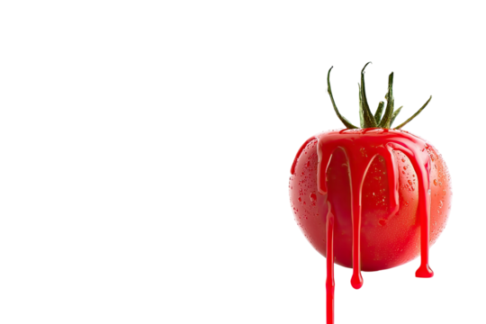 Single red tomato dripping crimson juice