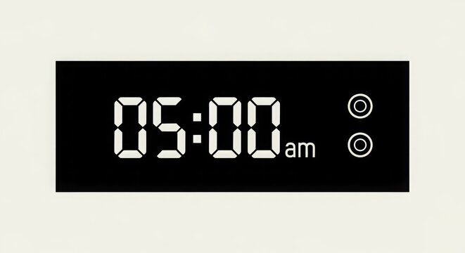 A close up of a digital clock displaying the time of five o clock in the morning on a black screen