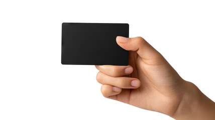 Hand holding sleek black gift card mockup, blank matte card with copy space, human hand close-up in a modern minimal setting, high-resolution isolated PNG cutout on transparent background