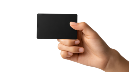 Hand holding sleek black gift card mockup, blank matte card with copy space, human hand close-up in a modern minimal setting, high-resolution isolated PNG cutout on transparent background