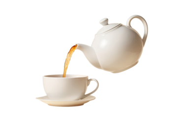 White teapot pouring tea into a cup