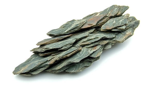 An isolated piece of grey and green slate rock showing its natural layered and foliated texture.