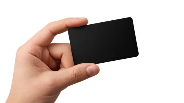 Hand holding sleek black gift card mockup, blank matte card with copy space, human hand close-up in a modern minimal setting, high-resolution isolated PNG cutout on transparent background