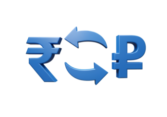 Illustration of Blue Rupee and Ruble Symbols with Arrows on Black Background