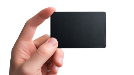 Hand holding sleek black gift card mockup, blank matte card with copy space, human hand close-up in a modern minimal setting, high-resolution isolated PNG cutout on transparent background