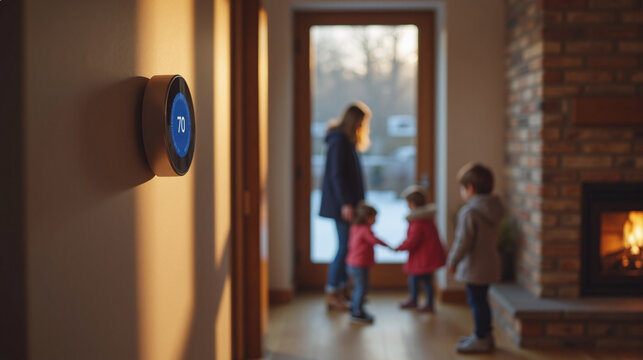 Modern Home Hallway with Wall-Mounted Smart Thermostat and Family by the Fireplace