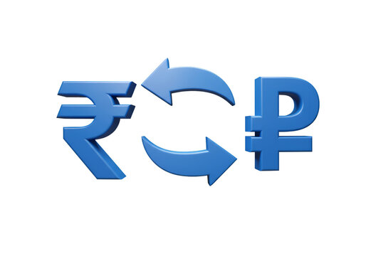 Illustration of Blue Rupee and Ruble Symbols with Arrows on Black Background