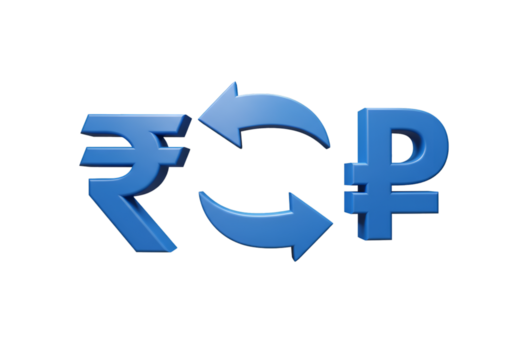 Illustration of Blue Rupee and Ruble Symbols with Arrows on Black Background