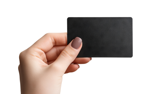 Hand holding sleek black gift card mockup, blank matte card with copy space, human hand close-up in a modern minimal setting, high-resolution isolated PNG cutout on transparent background