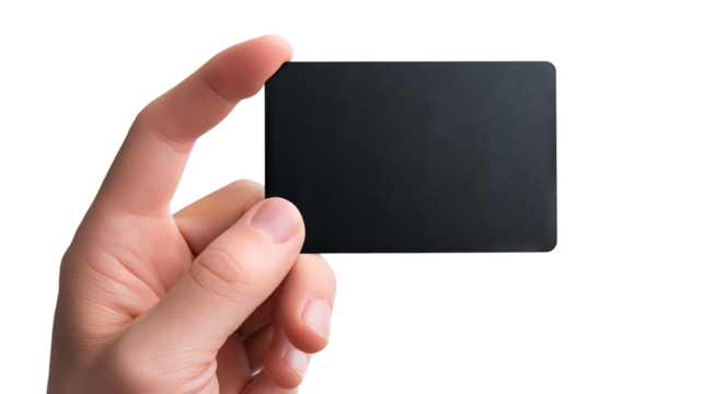 Hand holding sleek black gift card mockup, blank matte card with copy space, human hand close-up in a modern minimal setting, high-resolution isolated PNG cutout on transparent background