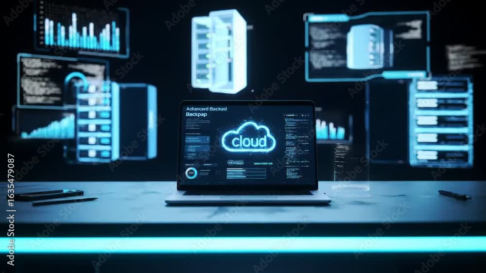 Poster cloud computing, data backup, and advanced technology with glowing blue interface on laptop, futuris