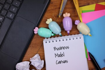 Business Model Canvas Sketch with Office Tools on Wooden Desk