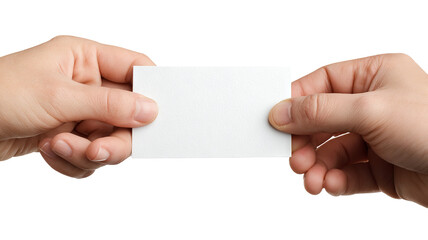 Hands exchanging a blank business card mockup — high-resolution PNG cutout on transparent background, realistic skin detail, clean minimal branding template with copy space, isolated studio lighting