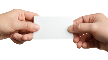 Hands exchanging a blank business card mockup — high-resolution PNG cutout on transparent background, realistic skin detail, clean minimal branding template with copy space, isolated studio lighting