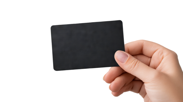Hand holding sleek black gift card mockup, blank matte card with copy space, human hand close-up in a modern minimal setting, high-resolution isolated PNG cutout on transparent background