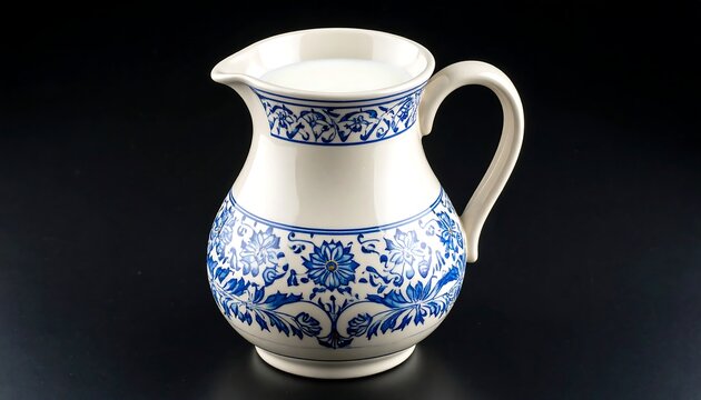 Creamy white milk fills a blue and white patterned ceramic pitcher against a black background