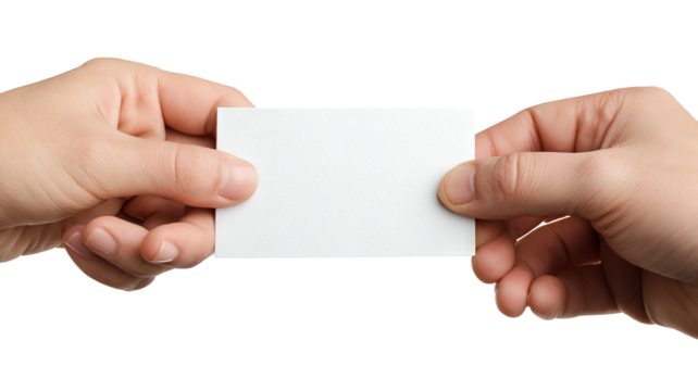 Hands exchanging a blank business card mockup — high-resolution PNG cutout on transparent background, realistic skin detail, clean minimal branding template with copy space, isolated studio lighting
