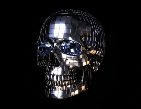 Chrome skull, mirrored facets, dark background