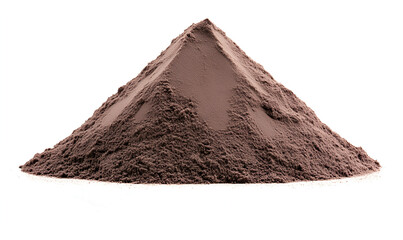 A conical heap of fine, dark brown powder isolated on a plain white background.