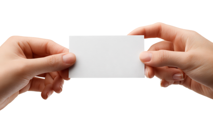 Hands exchanging a blank business card mockup — high-resolution PNG cutout on transparent background, realistic skin detail, clean minimal branding template with copy space, isolated studio lighting