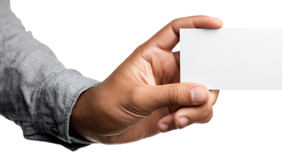 Male hand holding blank white card mockup on transparent background, high-resolution PNG cutout, realistic skin detail, right-hand close-up, copy space for logo or text, business card or ID badge