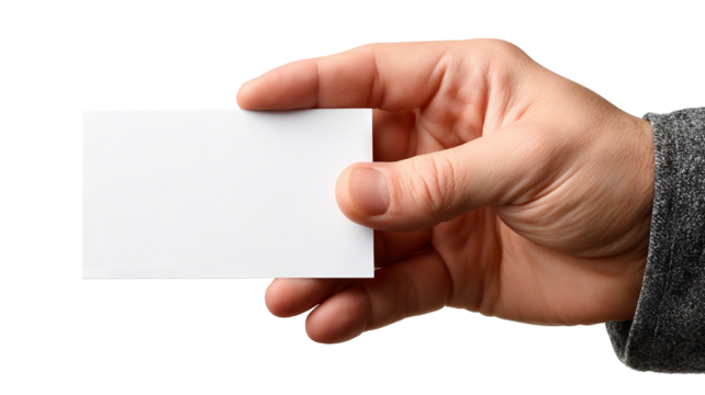 Male hand holding blank white card mockup on transparent background, high-resolution PNG cutout, realistic skin detail, right-hand close-up, copy space for logo or text, business card or ID badge
