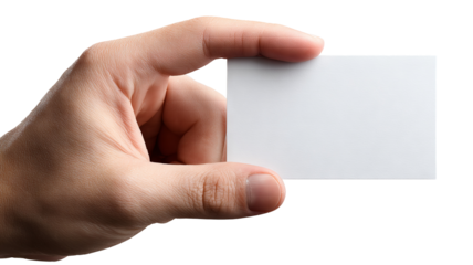 Male hand holding blank white card mockup on transparent background, high-resolution PNG cutout, realistic skin detail, right-hand close-up, copy space for logo or text, business card or ID badge