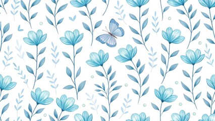 Seamless pattern with blue flowers and butterfly isolated on white background for textile design