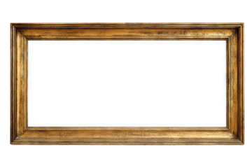 Antique gold wooden rectangular picture frame with ornate carved detailing, empty center, high-resolution isolated PNG cutout on transparent background for classic art mockups, vintage décor