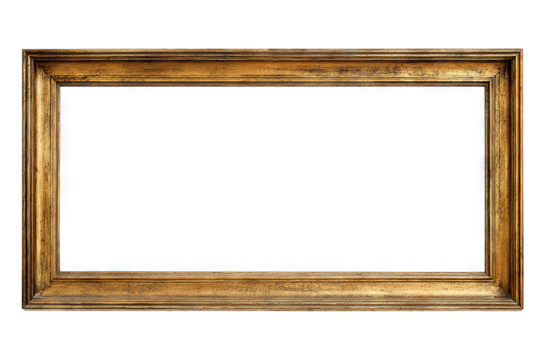 Antique gold wooden rectangular picture frame with ornate carved detailing, empty center, high-resolution isolated PNG cutout on transparent background for classic art mockups, vintage décor