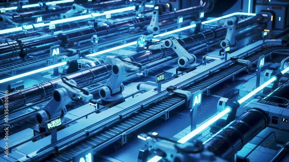 Poster futuristic robotic arm conveyor belt artificial intelligence automation glowing blue light advanced 