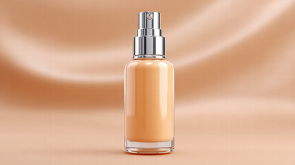 Minimalist skincare bottle with sleek design, featuring silver pump and soft peach hue, set against smooth, warm background. This elegant product embodies simplicity and sophistication