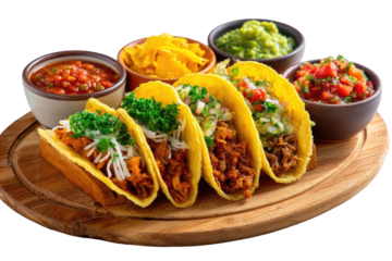 Tacos arranged on a wooden board, with various toppings and sauces.  Colorful fillings, vibrant salsas, and a generous serving