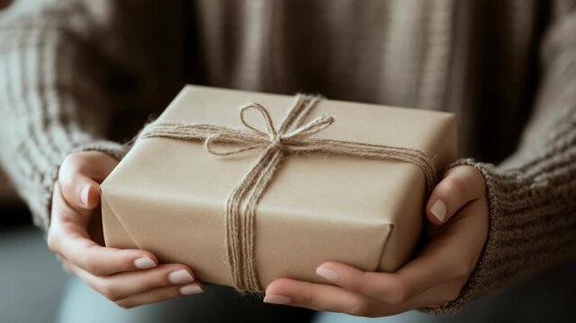 Woman holding wrapped gift box with twine ribbon in cozy sweater. Merry Christmas. Happy New Year