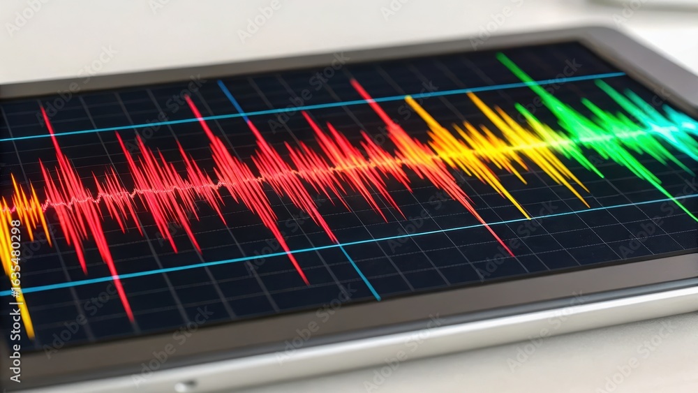 Poster digital sound wave visualization showcases vibrant colors representing audio frequencies. this highl