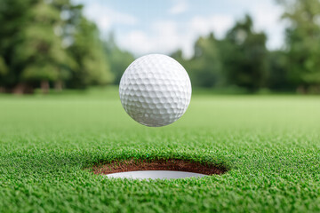 Fototapeta premium Single perfectly aimed golf ball hovers above hole on lush green golf course, capturing anticipation of successful putt. serene background enhances moment excitement