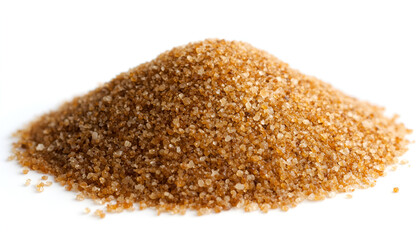 A close-up mound of raw brown sugar crystals isolated on a white background.