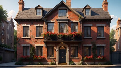 Fototapeta premium Charming Red Brick Townhouse with Flower Boxes and Architectural Details in a Historic Neighborhood on a Sunny Day