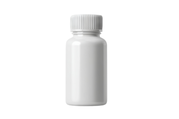 Plain white plastic pill bottle with screw cap, high-resolution PNG cutout on transparent background, ideal for packaging design, medical product branding, and e-commerce presentations.