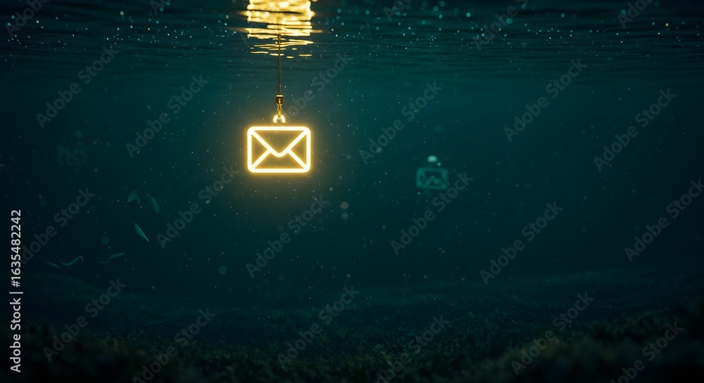 Poster submerged message: a luminescent digital envelope sinks in the deep ocean, hinting at the hidden dep