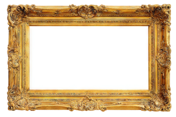 Baroque ornate gold picture frame PNG — high-resolution rectangular vintage frame with empty center, isolated on transparent background for classic art mockups and gallery presentation