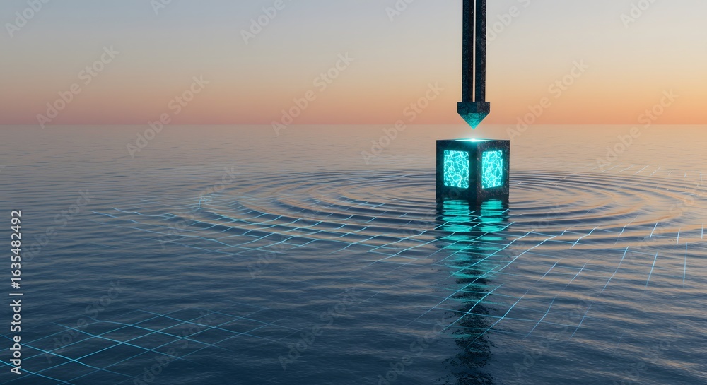 Poster futuristic abstract concept of energy extraction or data transfer. a glowing cube submerged in water