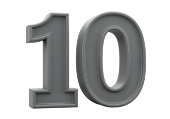 Isolated 3D Rendered Gray Metallic Number 10 With Transparent Background